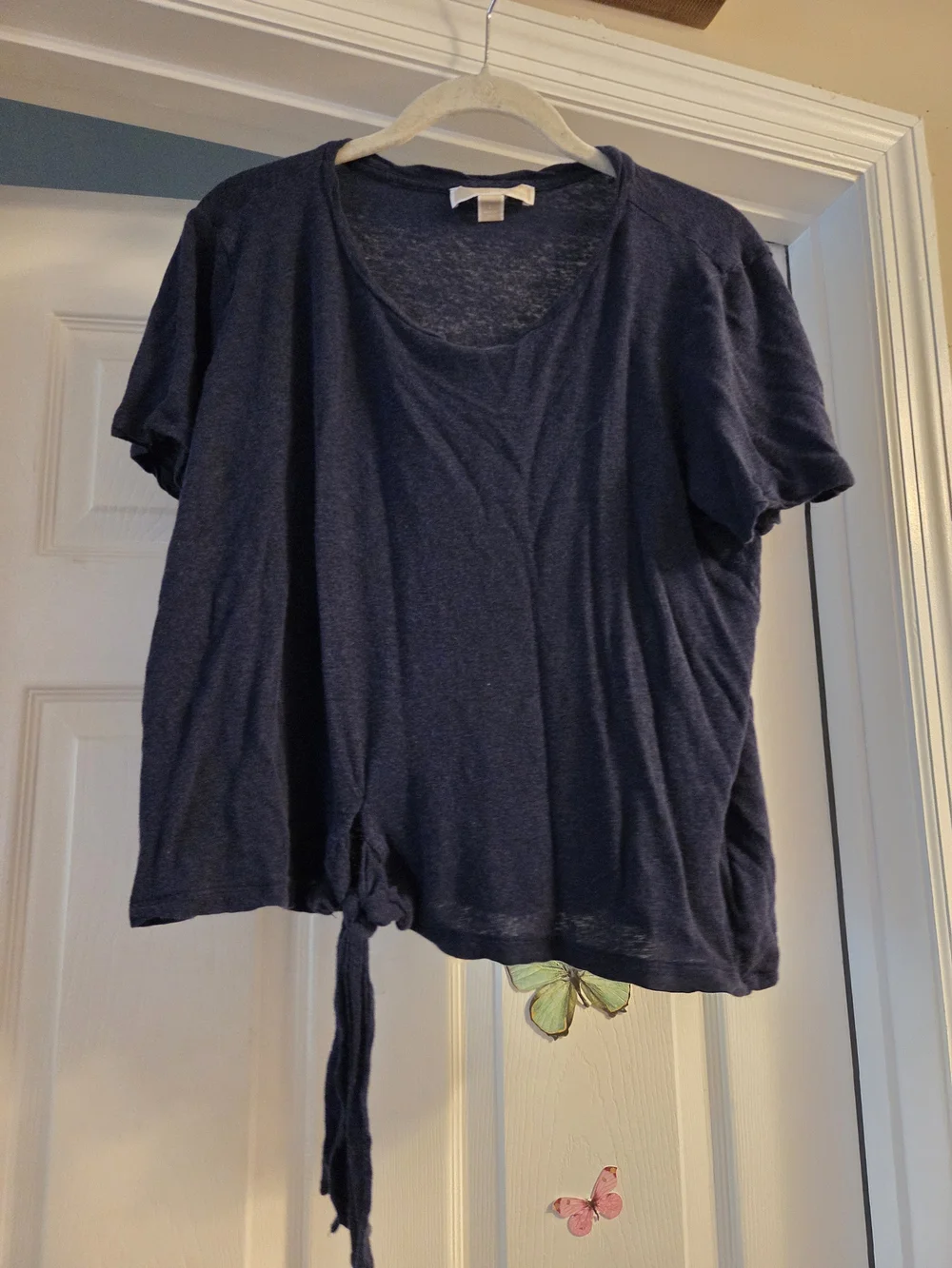 Michael Kors Navy Short Sleeve Tie-Hem L large Front Tie Blue Blouse Top